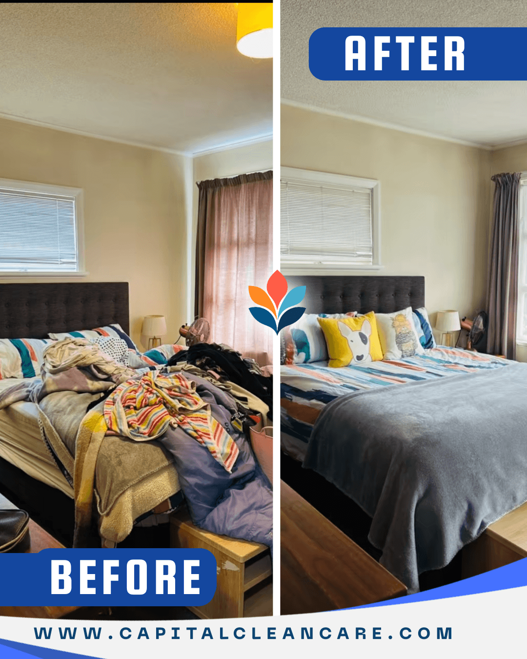 Bedroom before and after professional cleaning