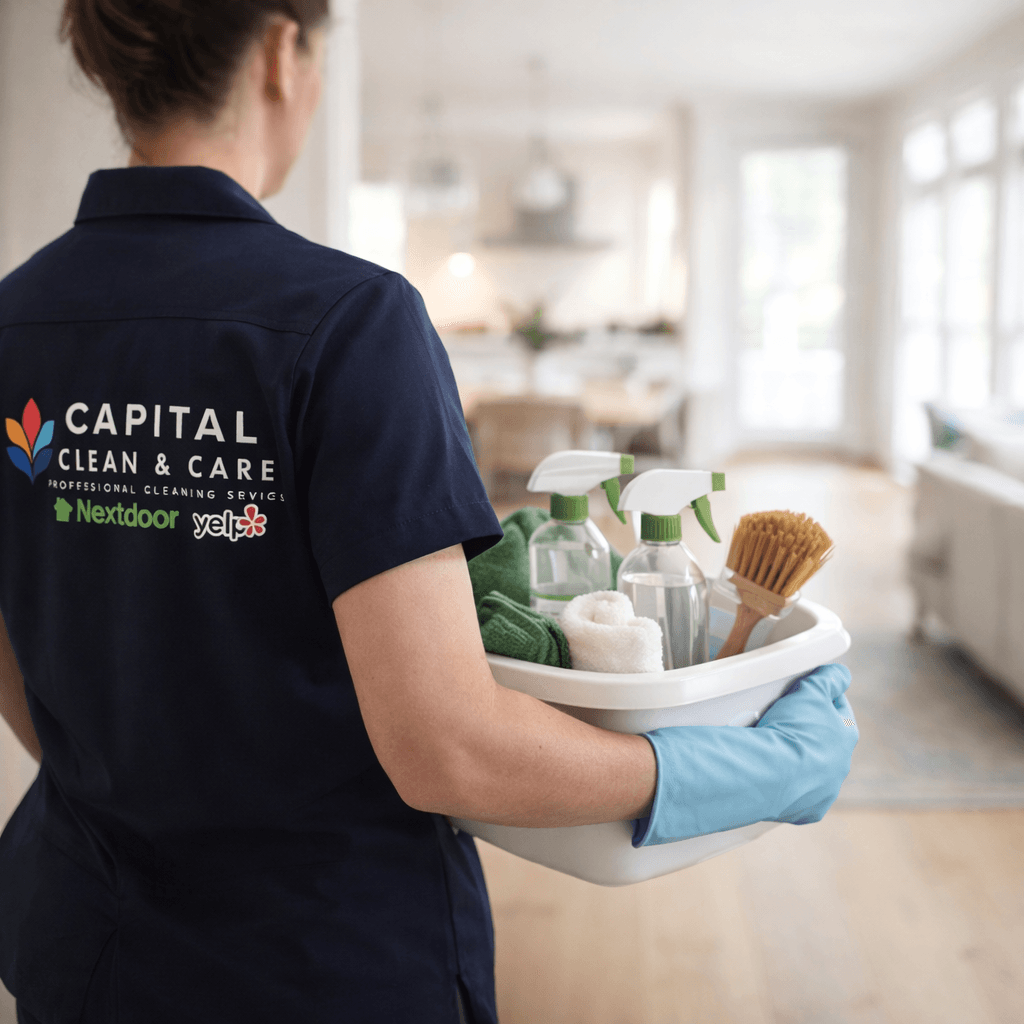 Professional carrying eco-friendly, non-toxic cleaning supplies for residential service