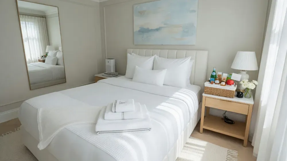 Airbnb cleaning checklist: a freshly made bed during a vacation rental turnover