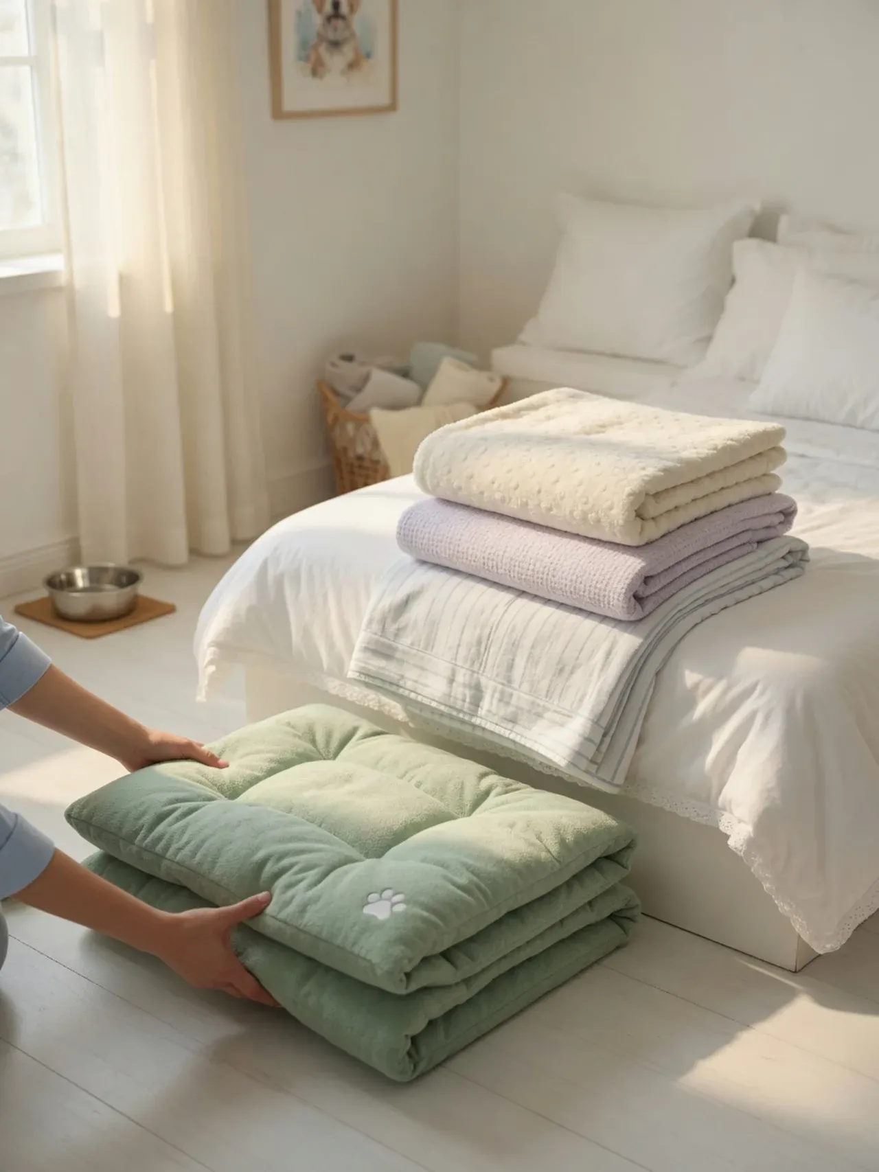Freshly laundered pet bed and blankets being placed back down in a clean bedroom