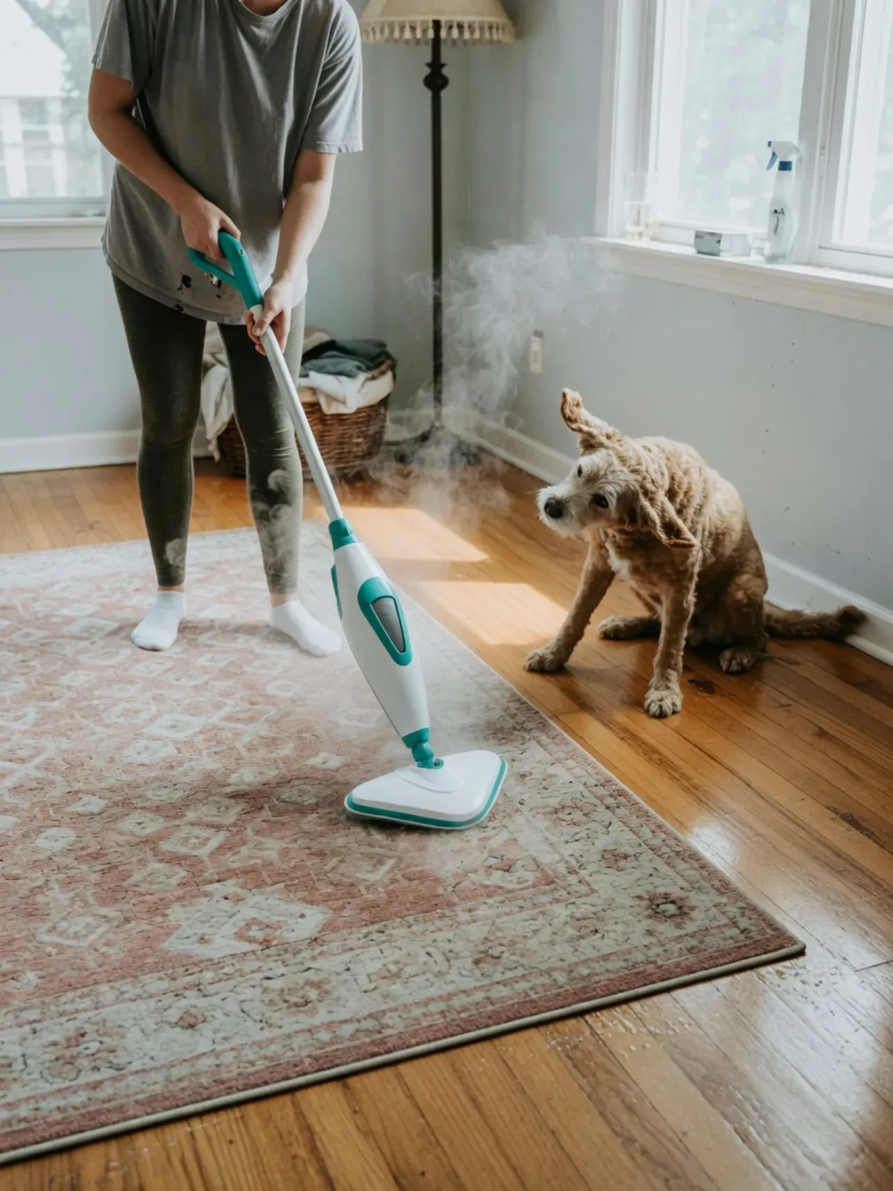 Person steam-cleaning a low-pile rug with a dog watching from a hard floor