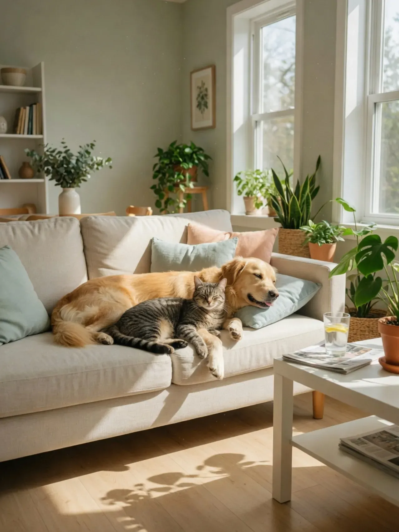 A relaxed, healthy dog and cat in a bright, clean, allergen-controlled living room