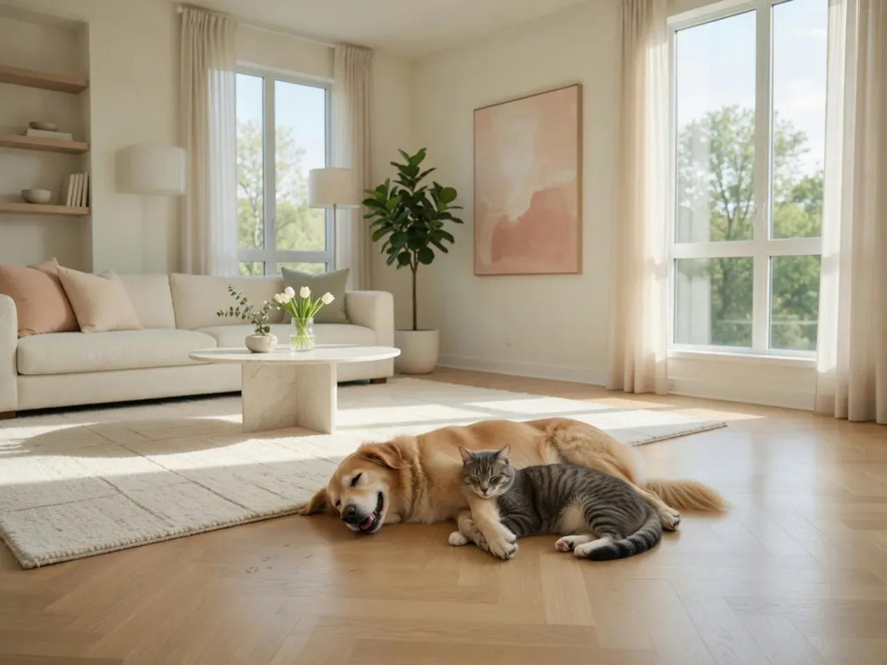 A bright, clean living room with a happy dog and cat in an allergen-controlled home