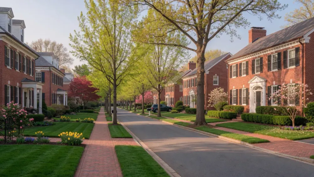 Tree-lined Bethesda MD street with brick colonial homes served by Capital Clean Care