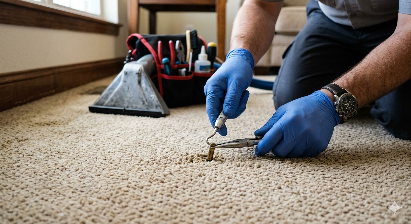 Professional with blue gloves removing wax from carpet with specialized tools