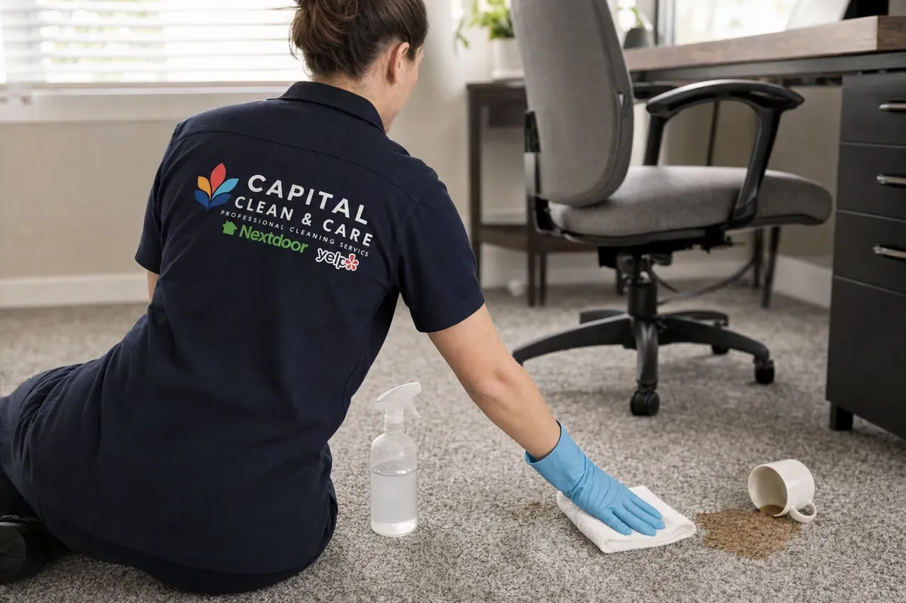 Illustration: a team member blotting a coffee spill on a gray office carpet next to a tipped mug.