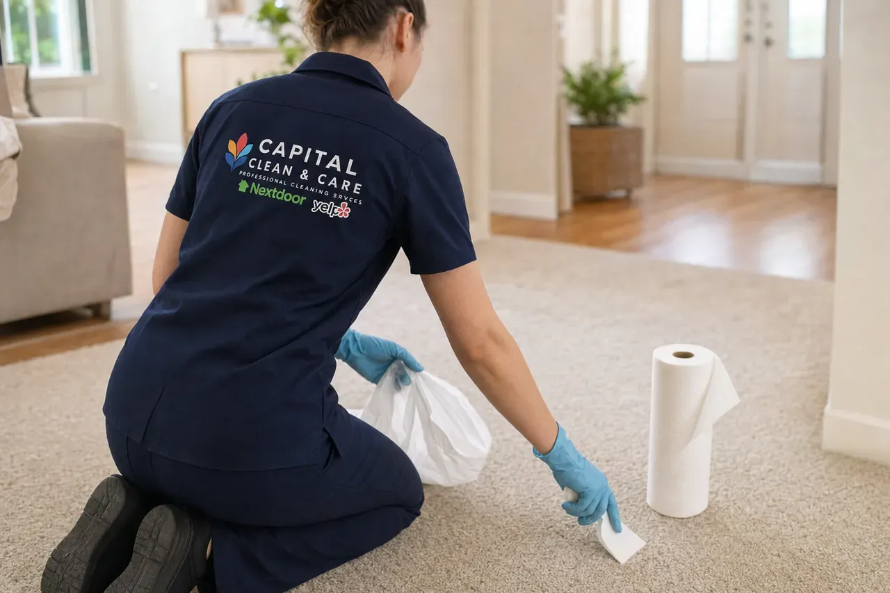Illustration: a gloved team member lifting a pet accident with a plastic scraper into a plastic bag.