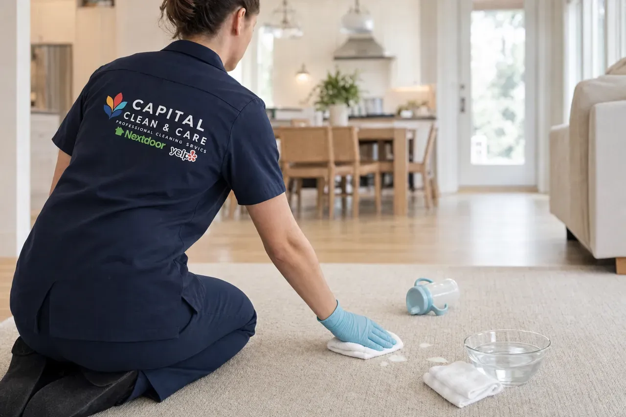 Illustration: a team member blotting spilled milk on a rug, with a bowl of clean water and a second cloth for rinsing.
