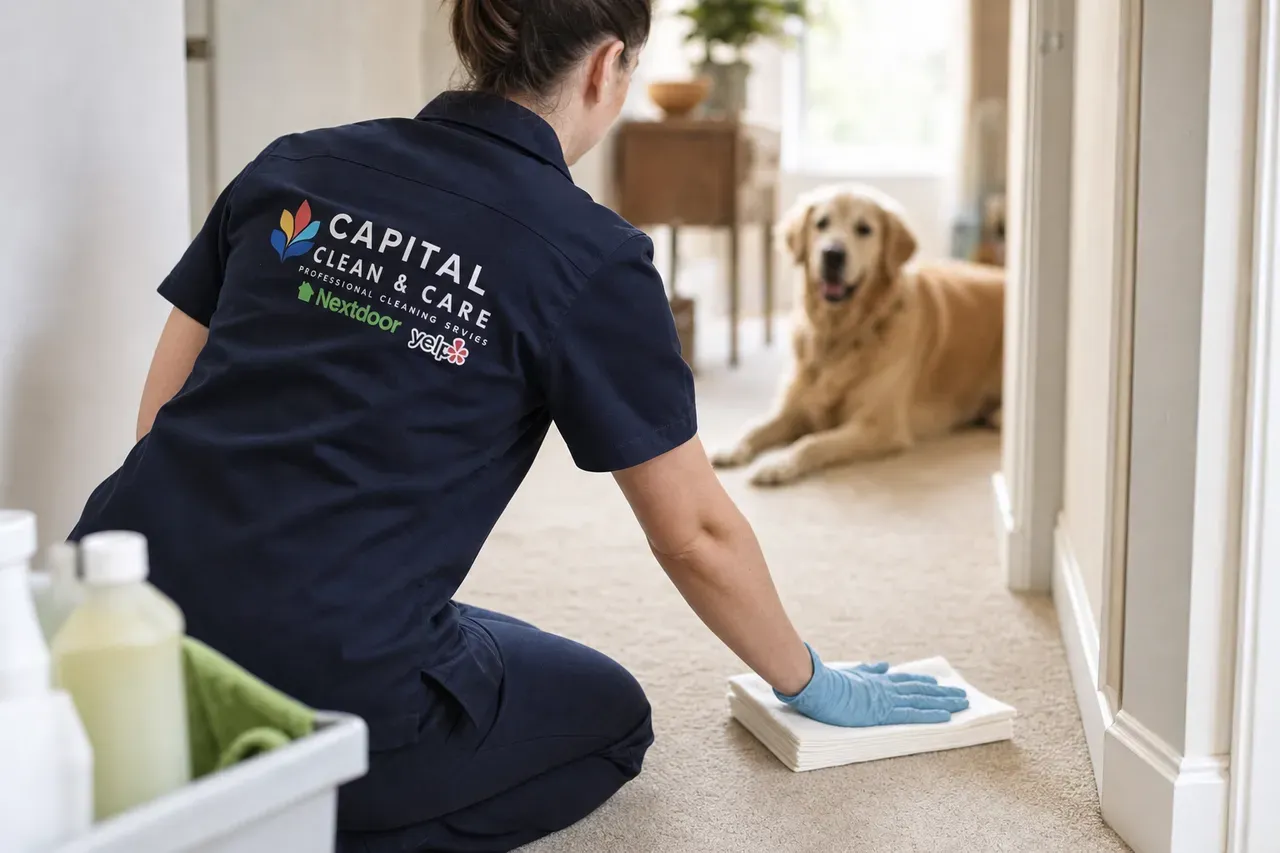 Illustration: a team member pressing a stack of white paper towels onto a damp spot on a hallway carpet, a dog nearby.