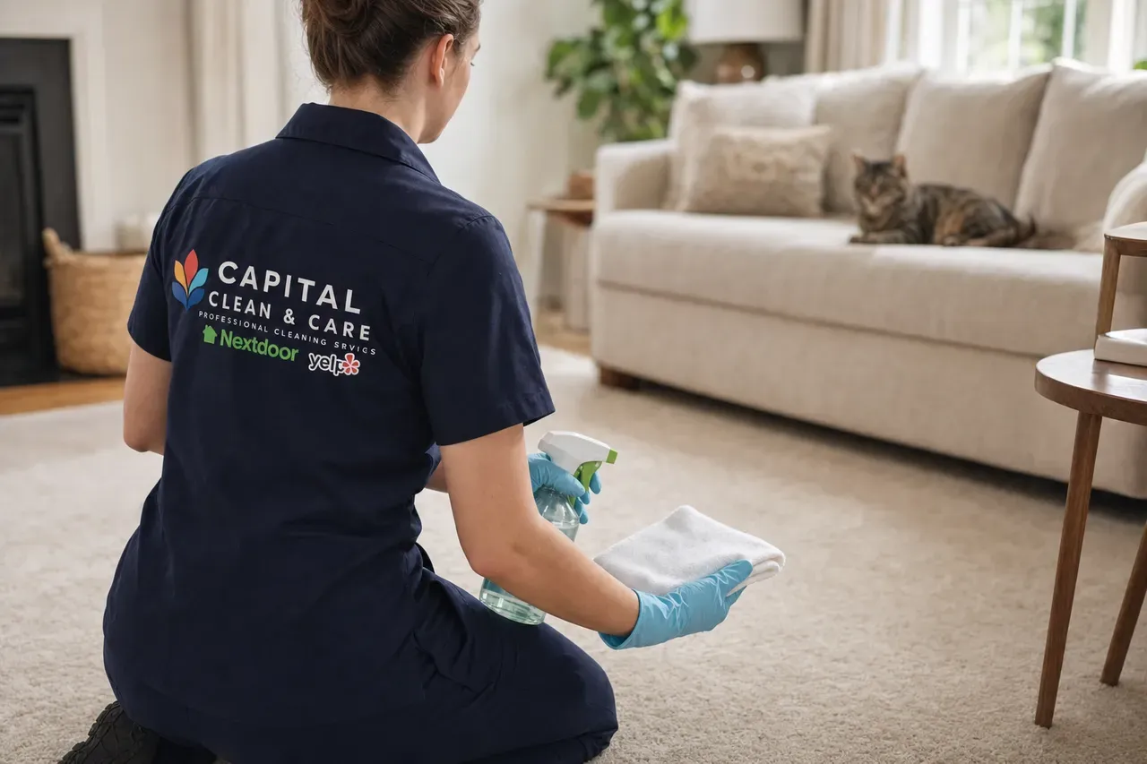 Illustration: a team member spraying a little solution onto a white cloth, not onto the carpet, before dabbing an old spot.
