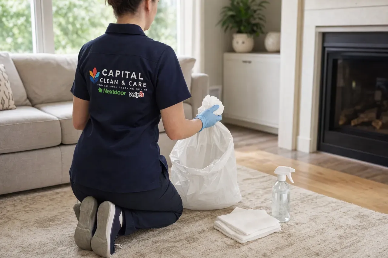 Illustration: a gloved team member dropping used paper towels into a plastic trash bag on a living room rug.