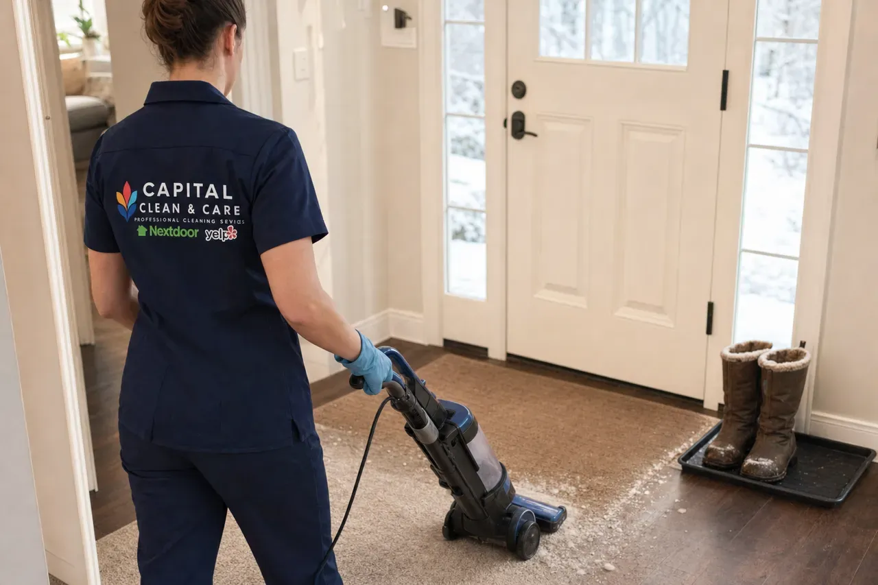 Illustration: a team member vacuuming dried mud and road salt from a hallway rug, with an entry mat and boots by the door.