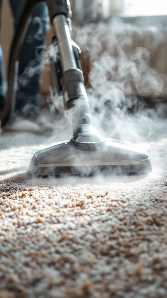 Steam cleaner removing dirt from carpet with vapor
