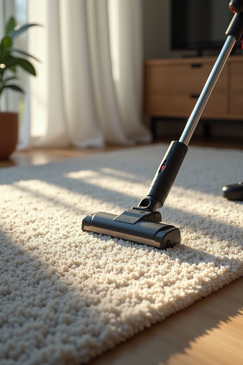 Vacuuming a clean white carpet in a bright living room