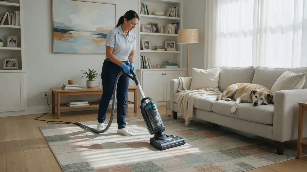 A professional cleaner using a HEPA vacuum in a home with a dog
