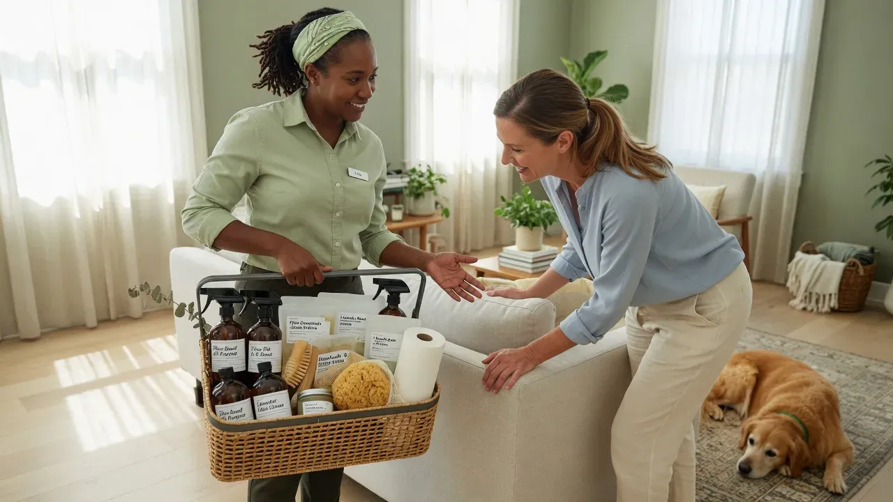A professional cleaner showing eco-friendly products to a pet-owning client
