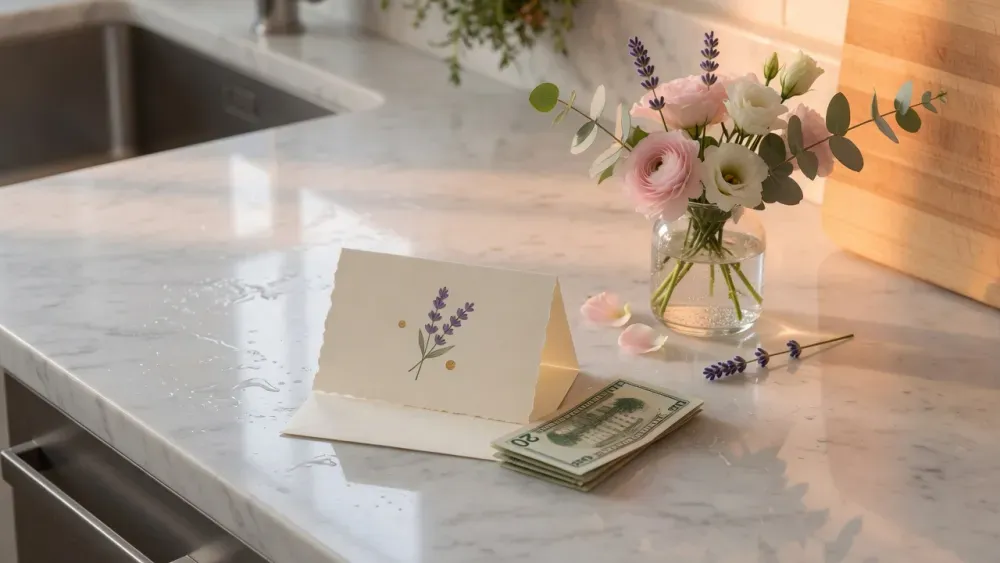how much to tip your house cleaner — thank-you card and tip on a clean counter