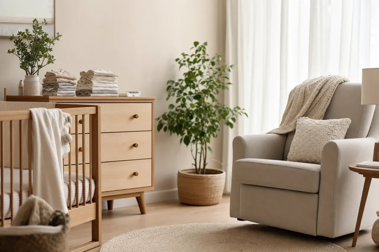 A calm, tidy nursery corner prepared for a new baby — crib, folded baby clothes, and soft natural daylight