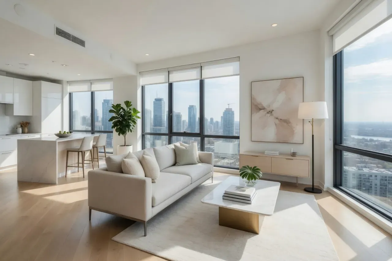 A bright, spotless high-rise condo living room with city views after a Capital Clean Care condo cleaning in the DMV