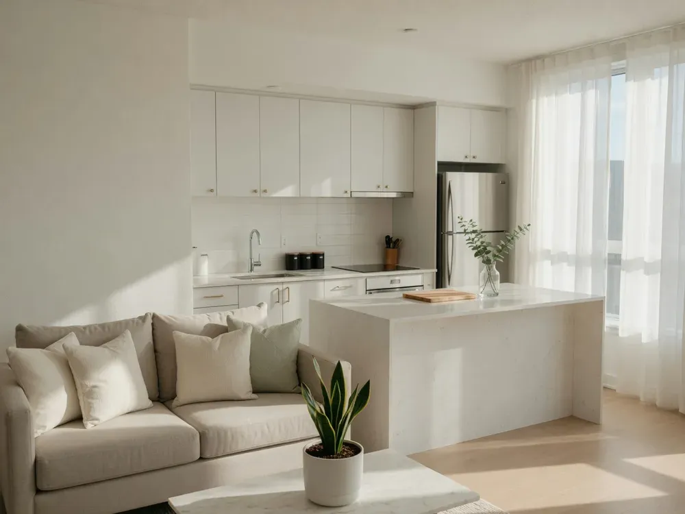 A clean, staged open-plan condo living and kitchen area after a professional cleaning