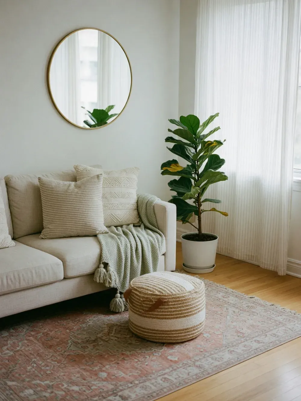 A cozy, freshly cleaned condo living room corner with a styled sofa, plant and rug