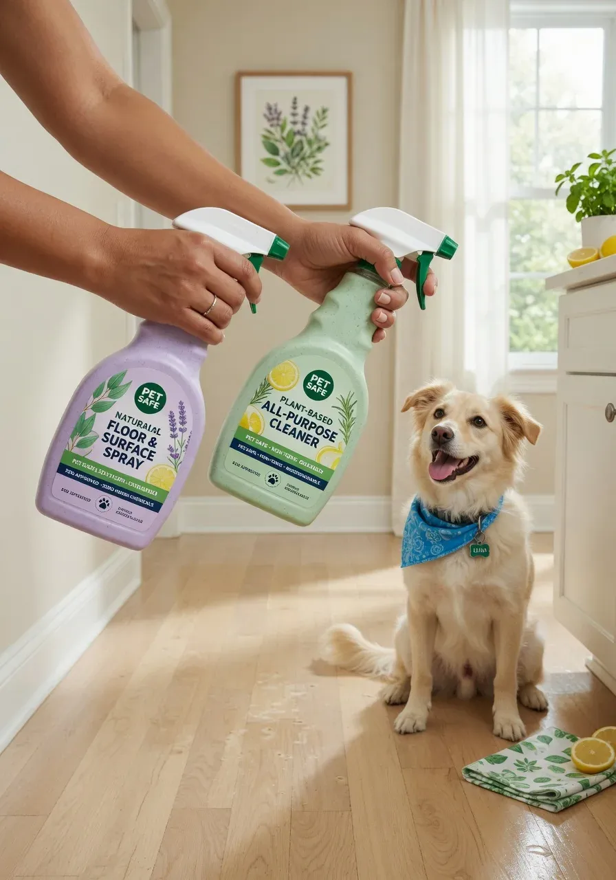Eco-friendly, plant-based cleaning products beside a happy, healthy dog on a clean floor