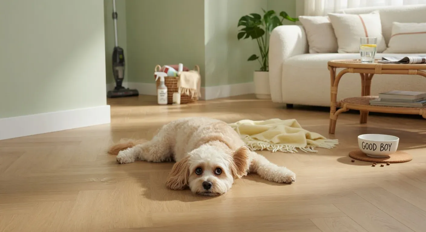 A dog resting on a clean floor in a bright living room after house cleaning