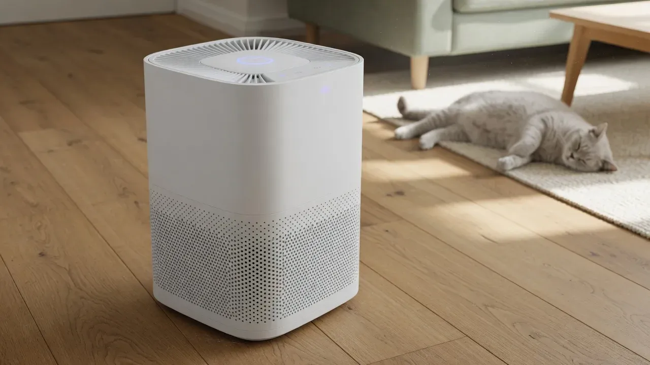 A HEPA air purifier running in a living room with a resting cat