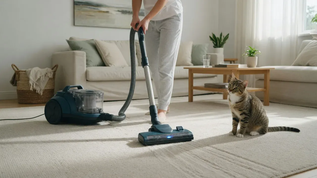 A sealed HEPA vacuum being used on a carpet while a cat watches nearby