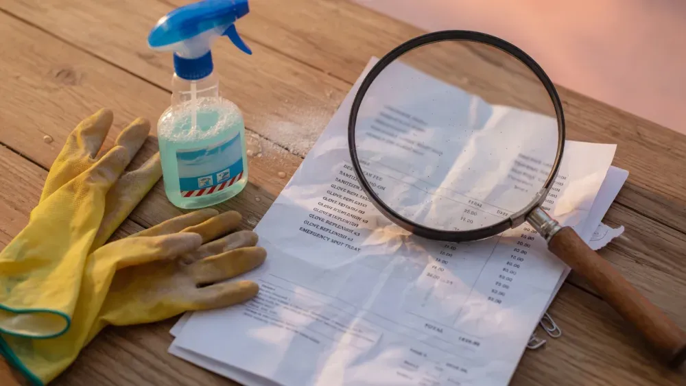 Magnifying glass over an invoice revealing hidden fees in house cleaning