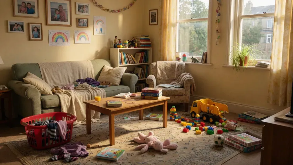 Lived-in family living room with toys and laundry, no house is too messy for a cleaning service