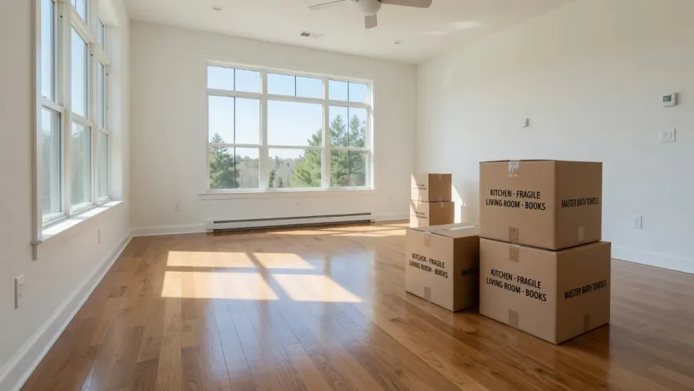 Bright empty home with moving boxes ready for a move-in cleaning in Maryland