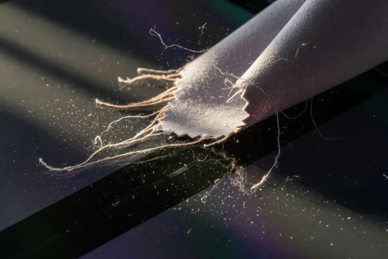 Microfiber cloth gently wiping dust off a dark OLED TV screen
