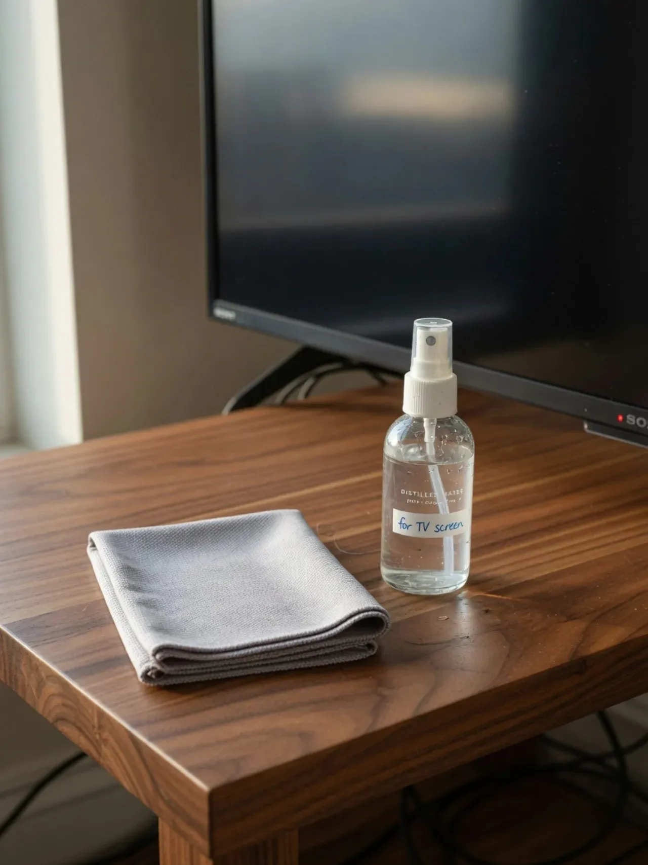 Microfiber cloth and a small bottle of distilled water — the safe OLED cleaning kit
