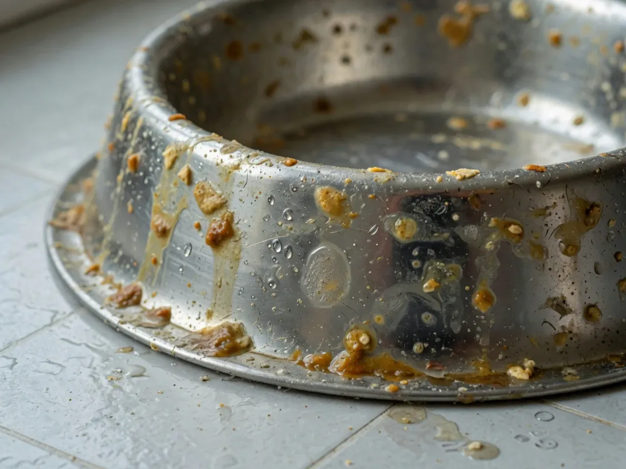 Close-up of a stainless steel dog bowl coated in dried food residue and a slimy biofilm film