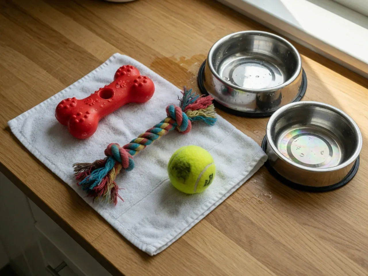 Freshly cleaned rubber chew toy, rope tug, and tennis ball air-drying on a towel beside clean pet bowls