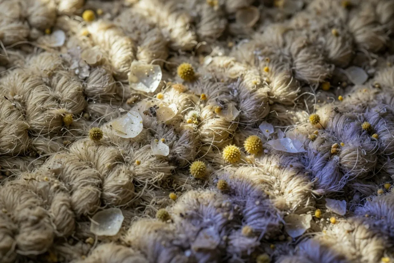 Macro view of dust, pet dander, and pollen trapped deep in carpet fibers