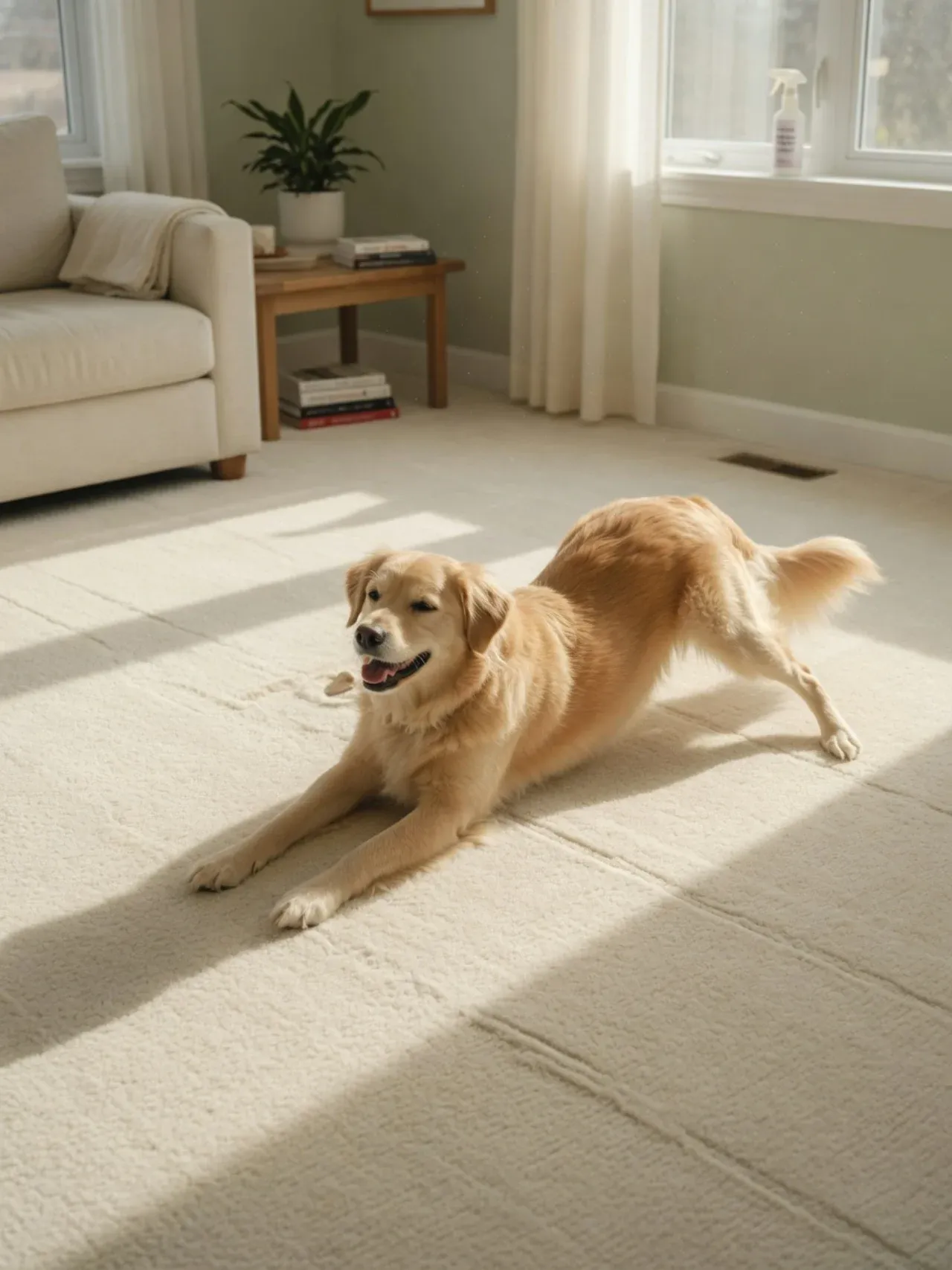 Happy healthy dog relaxing on a freshly deep-cleaned carpet