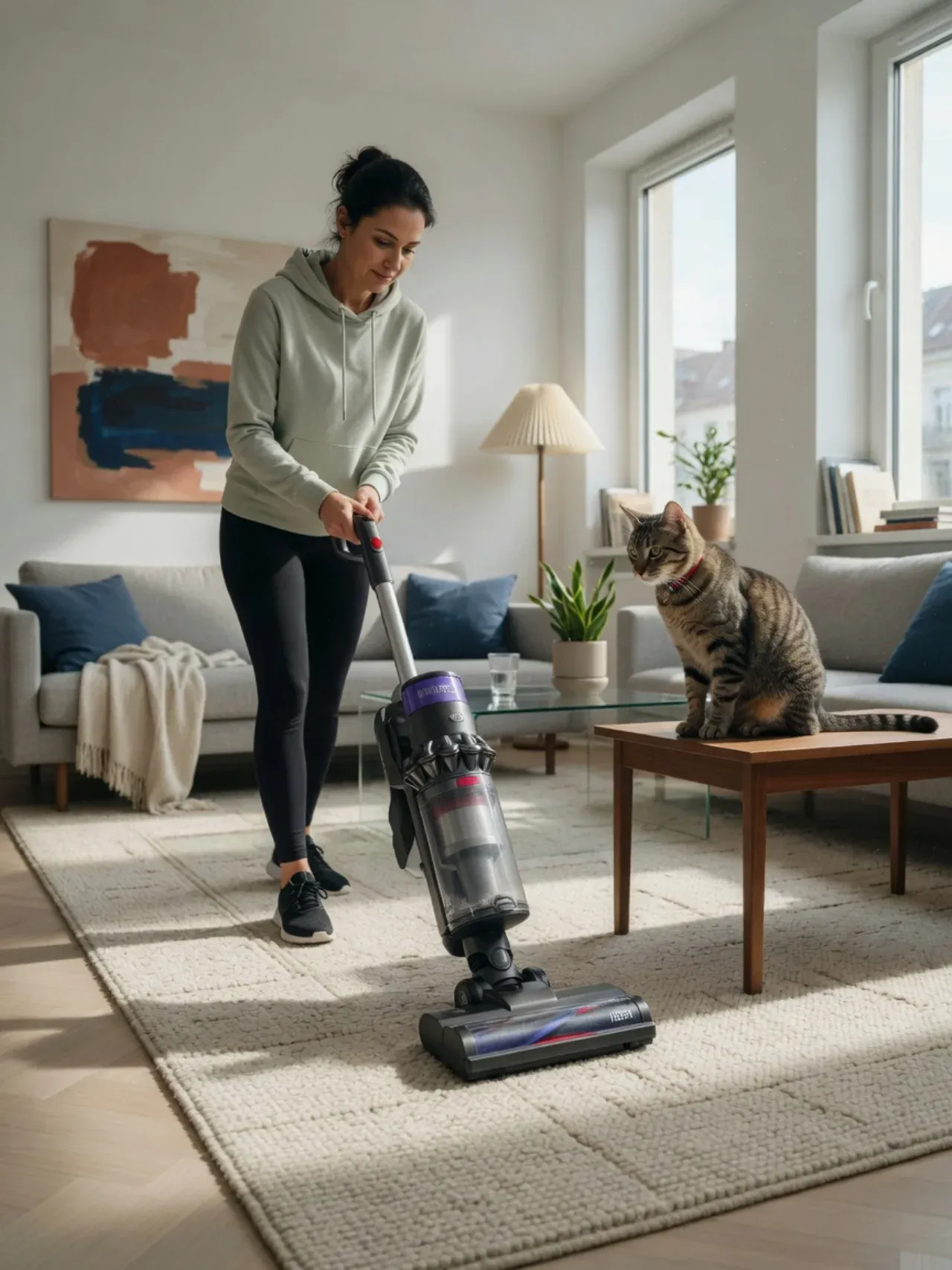 Person vacuuming a carpet with a HEPA vacuum while a cat watches
