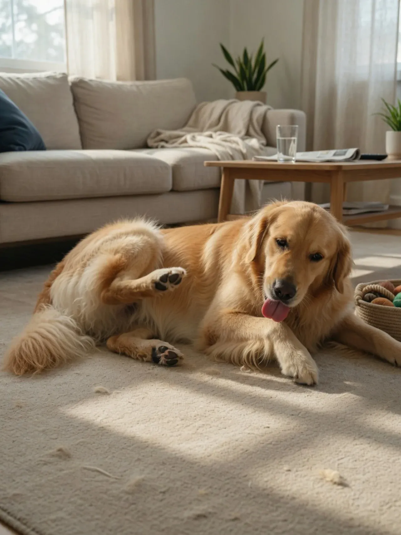 A dog scratching an itchy paw while lying on a living-room carpet