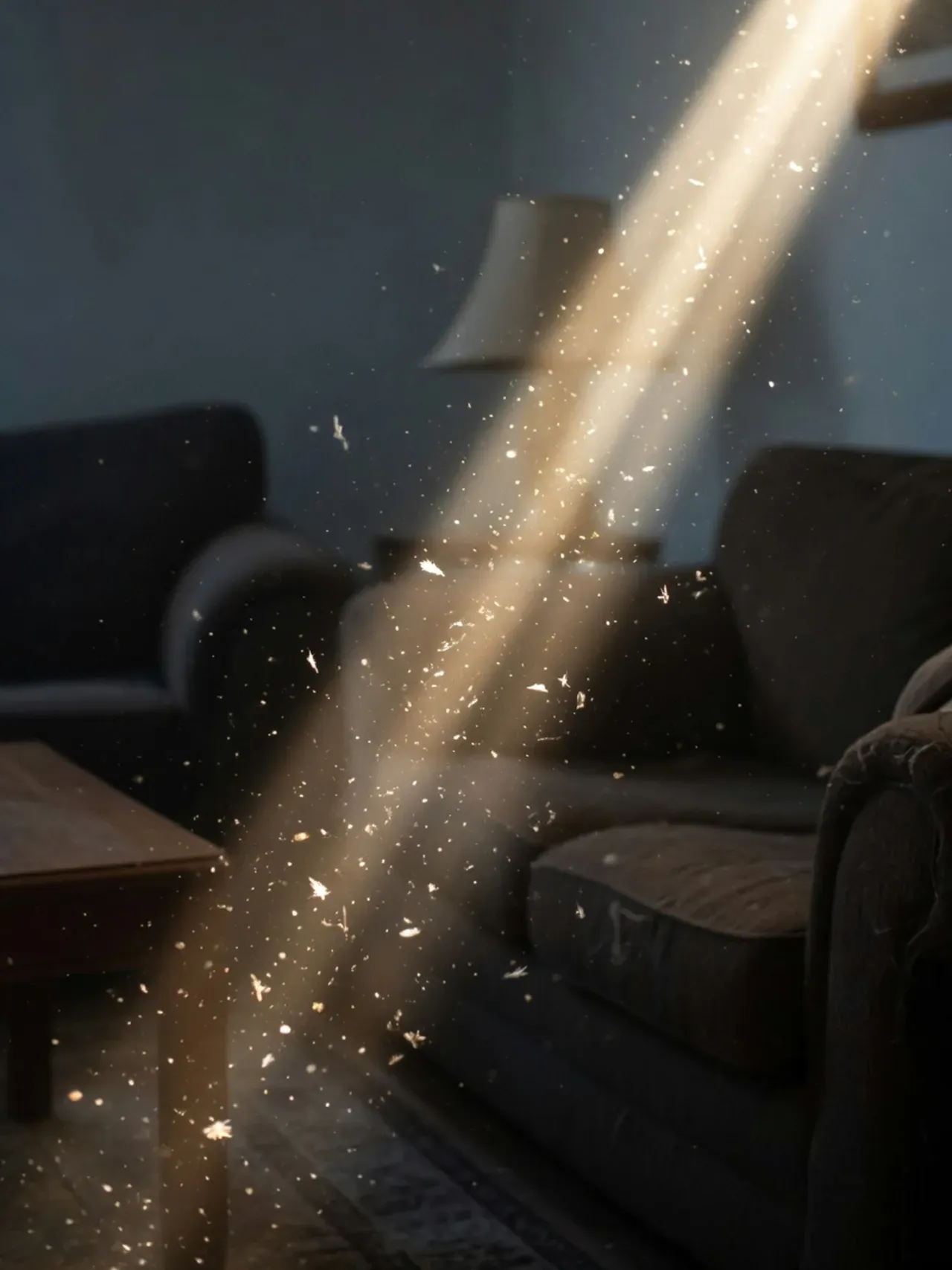 Microscopic pet dander particles floating in a sunbeam in a living room
