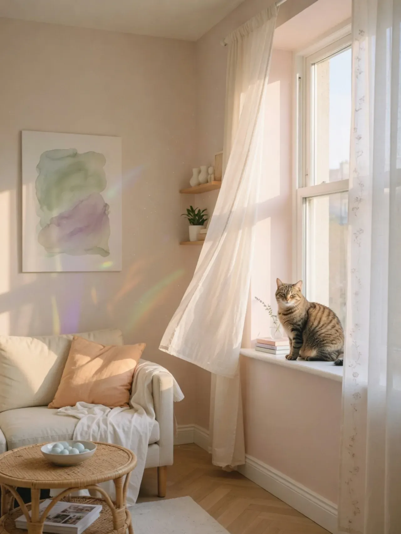 Bright, fresh living room with a cat by a window and clean air