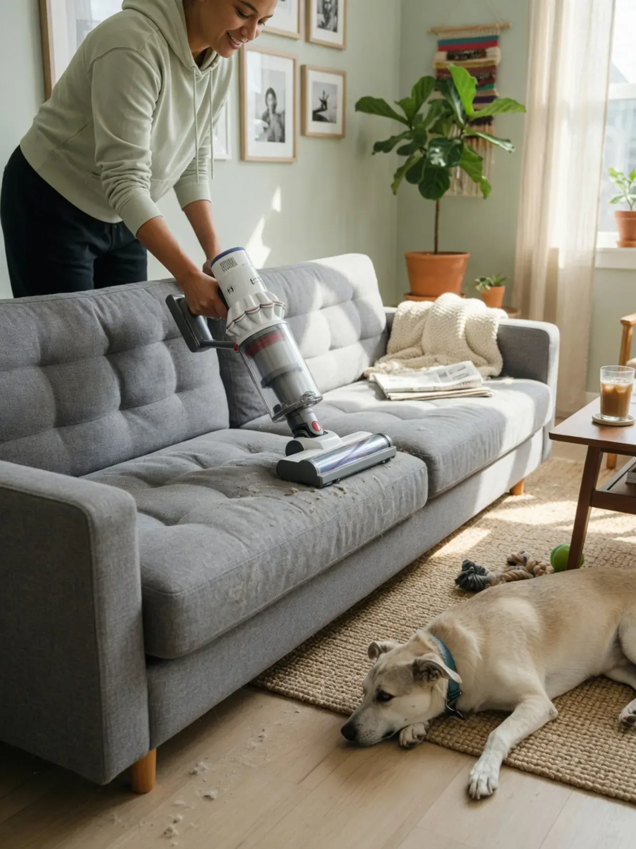 Person running a HEPA vacuum over a sofa while a dog rests nearby