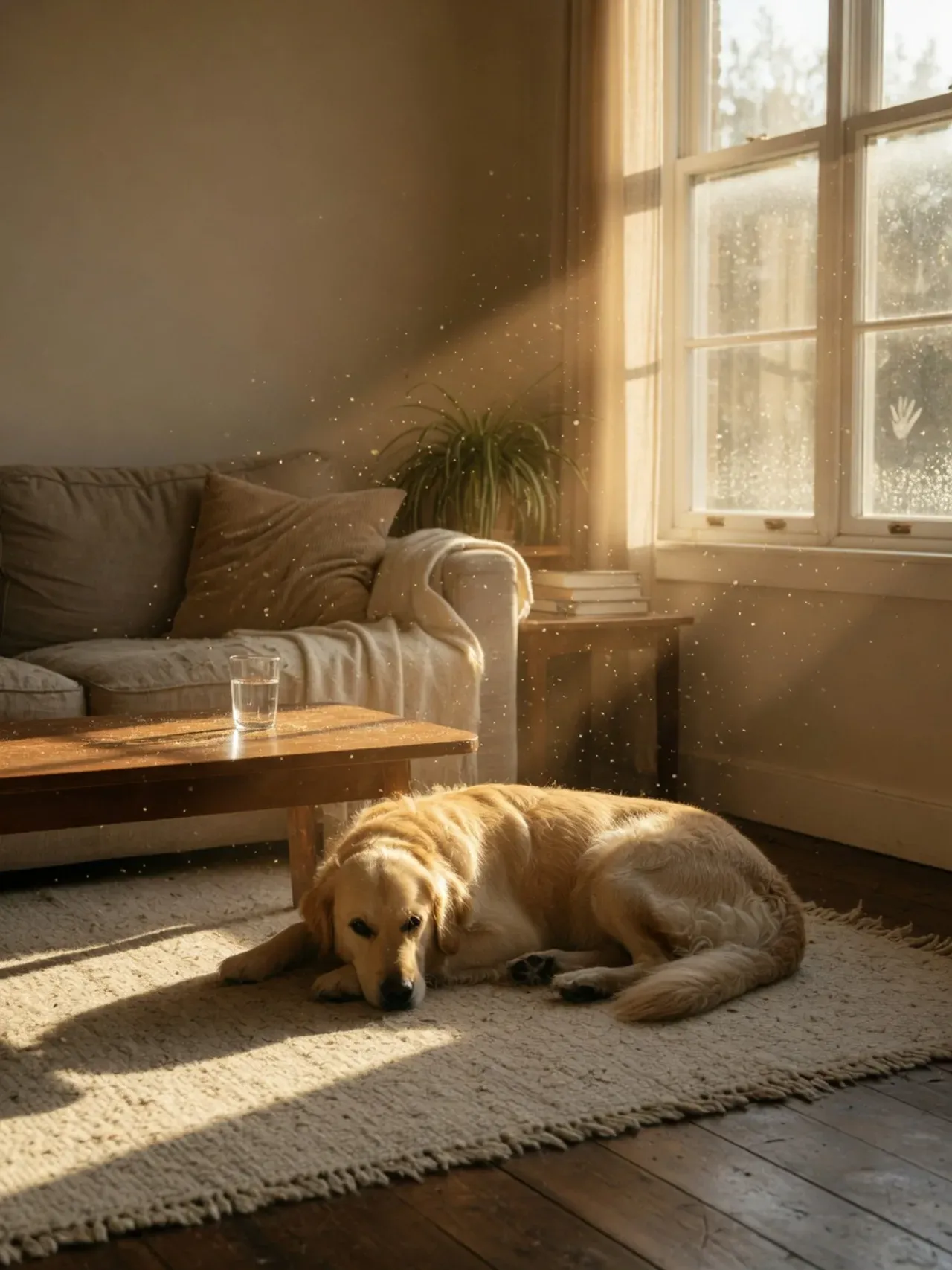 Sunlight revealing fine pet dander particles floating in the air of a living room with a dog