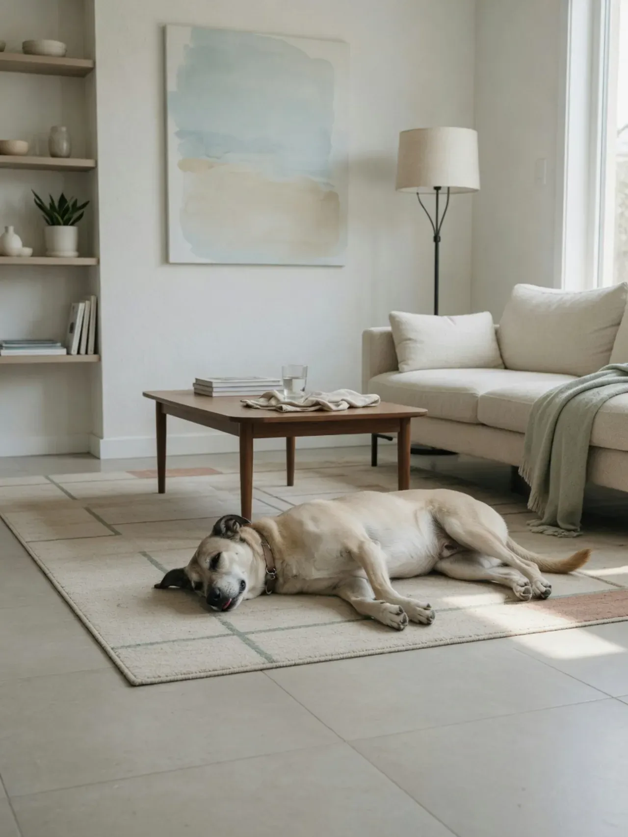 Calm, dust-free living room with a dog resting comfortably on the floor