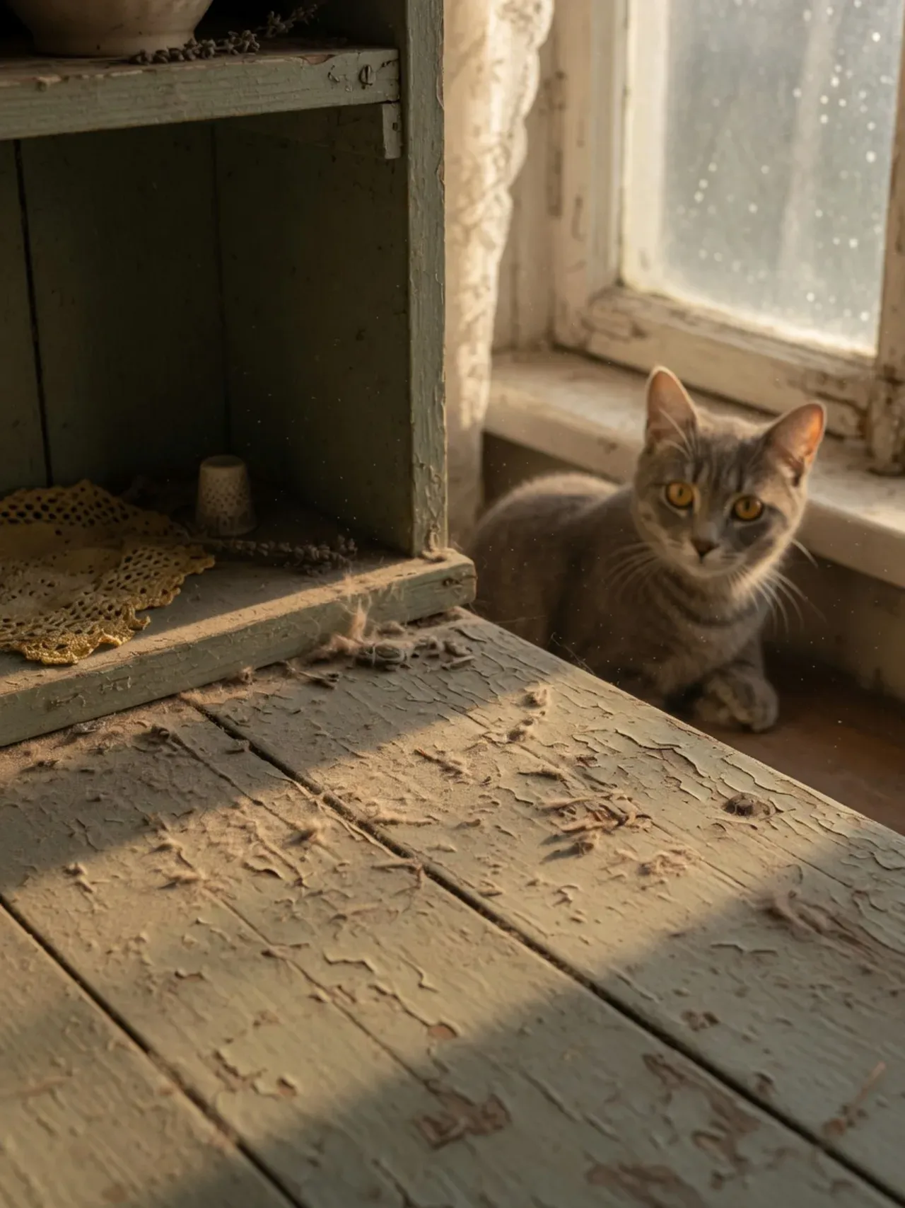 Close-up of dust accumulating in a home where a cat sits on a windowsill