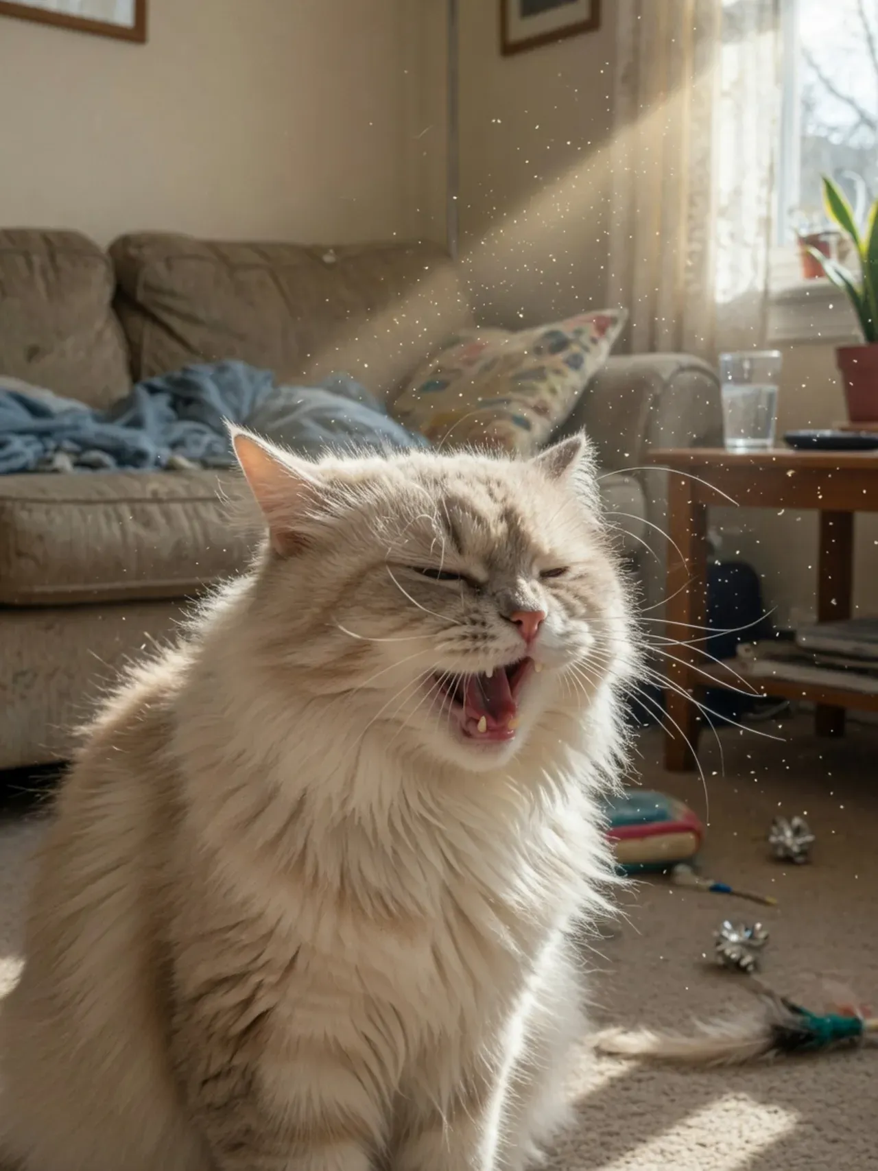 A cat mid-sneeze in a sunlit living room with visible dust in the air