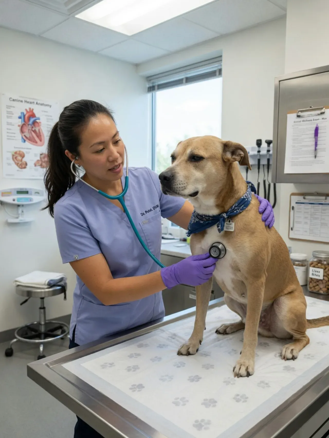 Veterinarian listening to a dog's chest with a stethoscope during an exam
