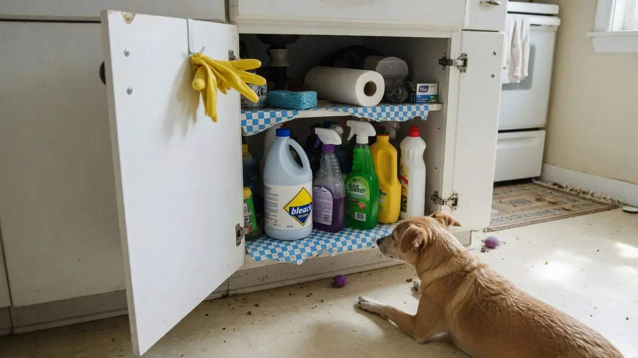 Household cleaning product bottles stored under a kitchen sink within a pet's reach