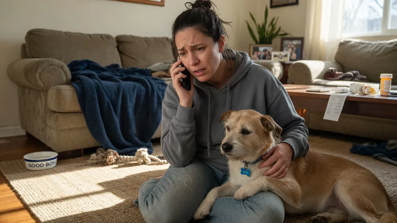 A worried pet owner on the phone with poison control beside their dog